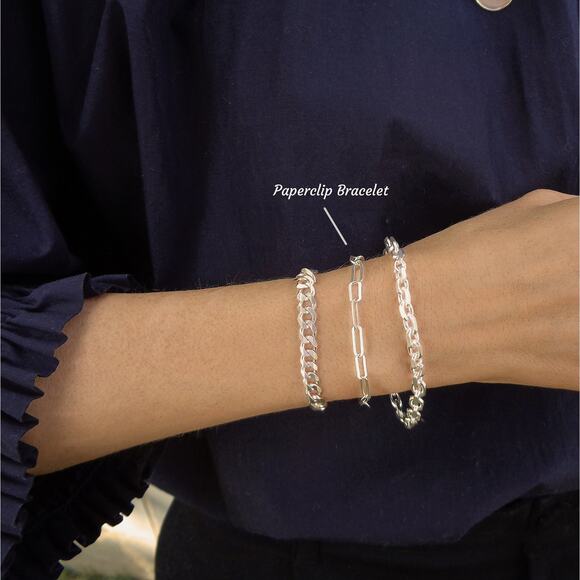 Sterling Silver Paperclip Bracelet, Adjustable 925 Rectangle Flat Link Bracelet - Picture 3 of 5